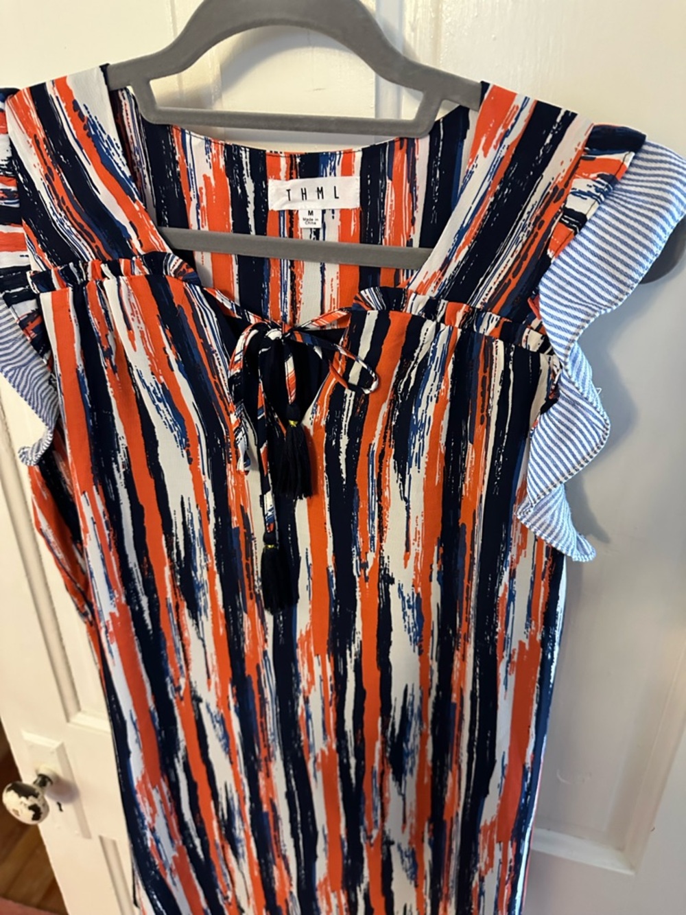 THML Striped Tassel Tie Dress with Seersucker Trim Sz M - Picture 8 of 9